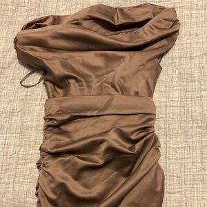 PLT Premium Deep Mocha Constructed Satin Bardot Mini Dress Size 4